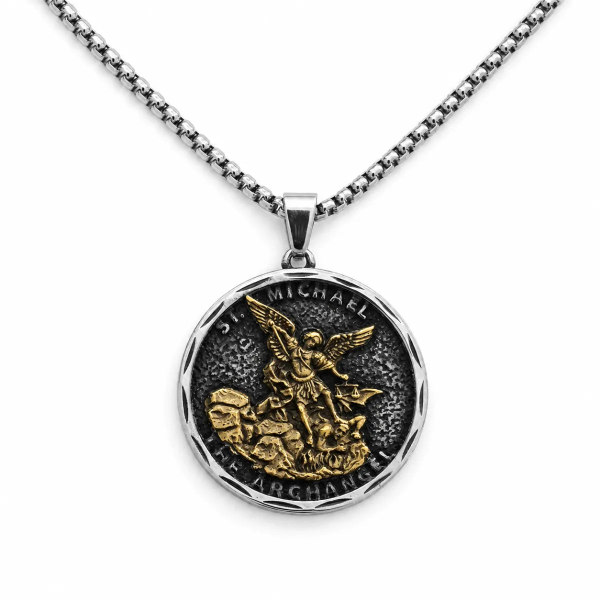 Oxidized St Michael Medallion Gold and Silver Pendant with Chain Front View White Background