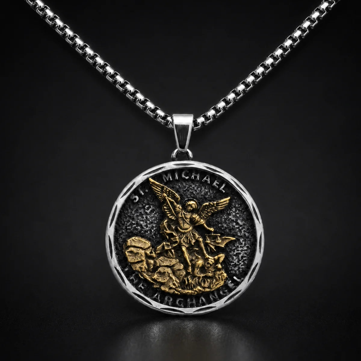 Oxidized St Michael Medallion Necklace Gold and Silver Close Up Black Background
