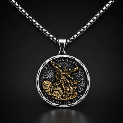 Oxidized St Michael Medallion Necklace Gold and Silver Close Up Black Background