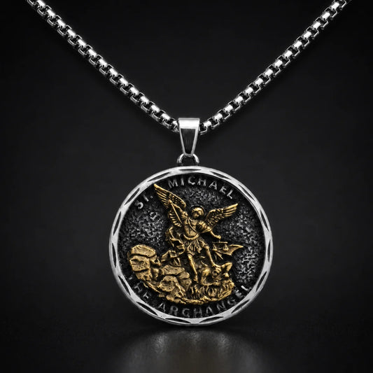 Oxidized St Michael Medallion Necklace Gold and Silver Close Up Black Background