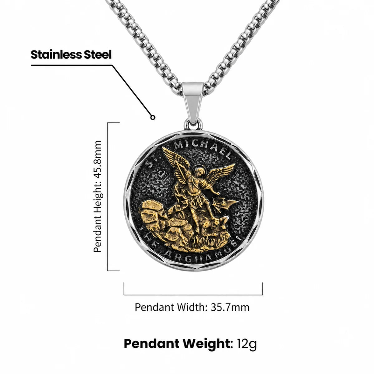 Oxidized St Michael Medallion Necklace Gold and Silver Dimensions Infographic