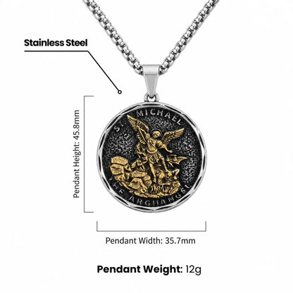 Oxidized St Michael Medallion Necklace Gold and Silver Dimensions Infographic