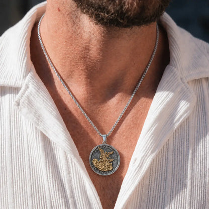 Oxidized St Michael Medallion Necklace Gold and Silver Worn by Male Model