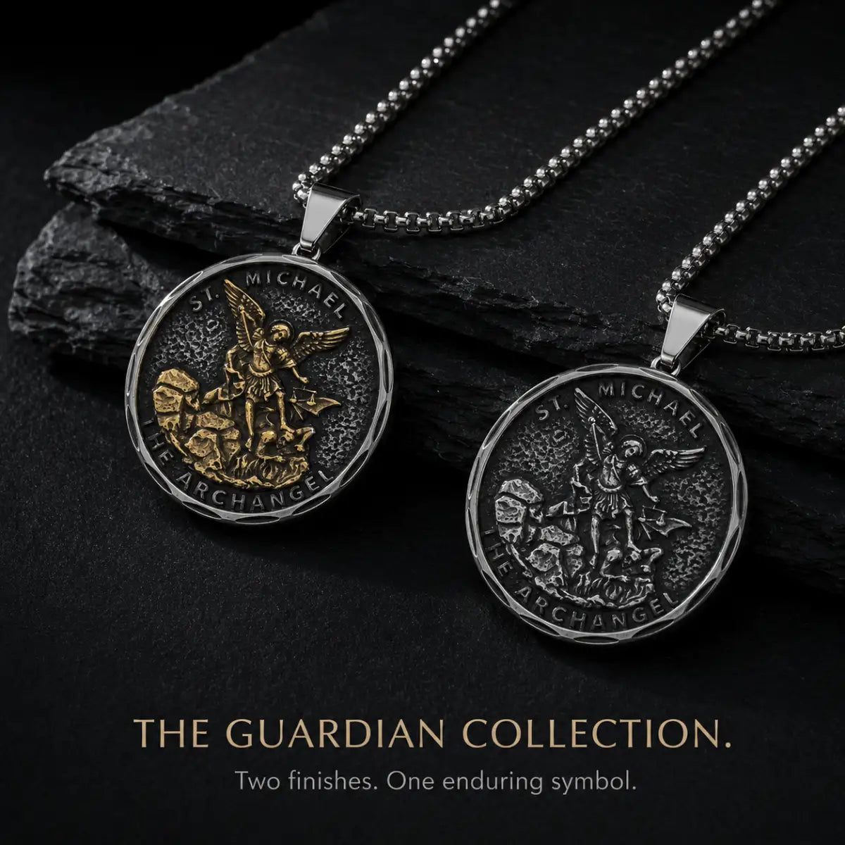 Oxidized St Michael Medallion Necklaces Gold and Silver Options Displayed on Stone Surface