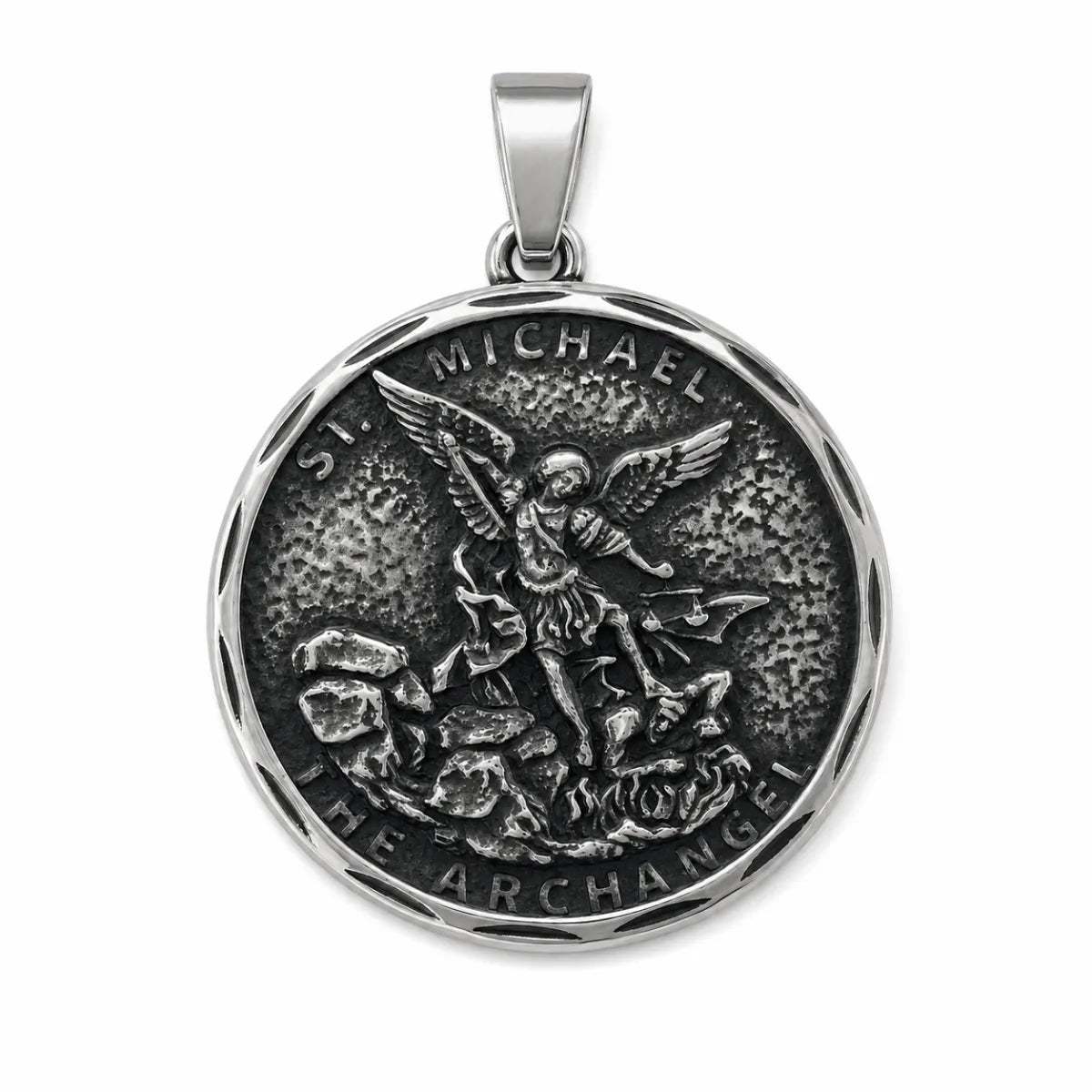 Oxidized St Michael Medallion Silver Pendant Only Front View White Background