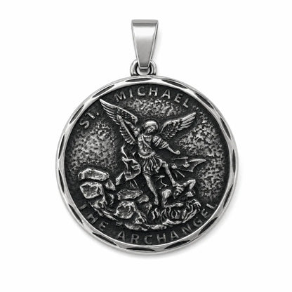 Oxidized St Michael Medallion Silver Pendant Only Front View White Background