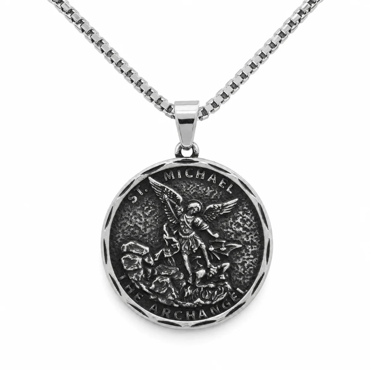 Oxidized St Michael Medallion Silver Pendant with Chain Front View White Background