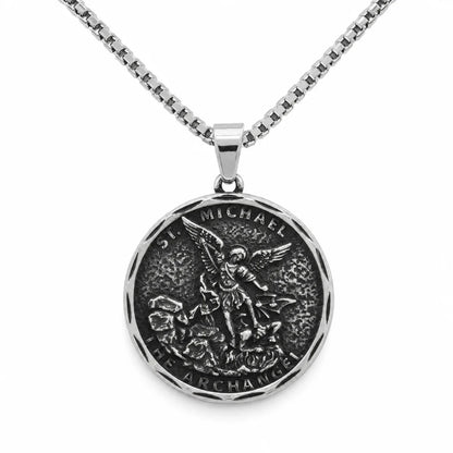 Oxidized St Michael Medallion Silver Pendant with Chain Front View White Background