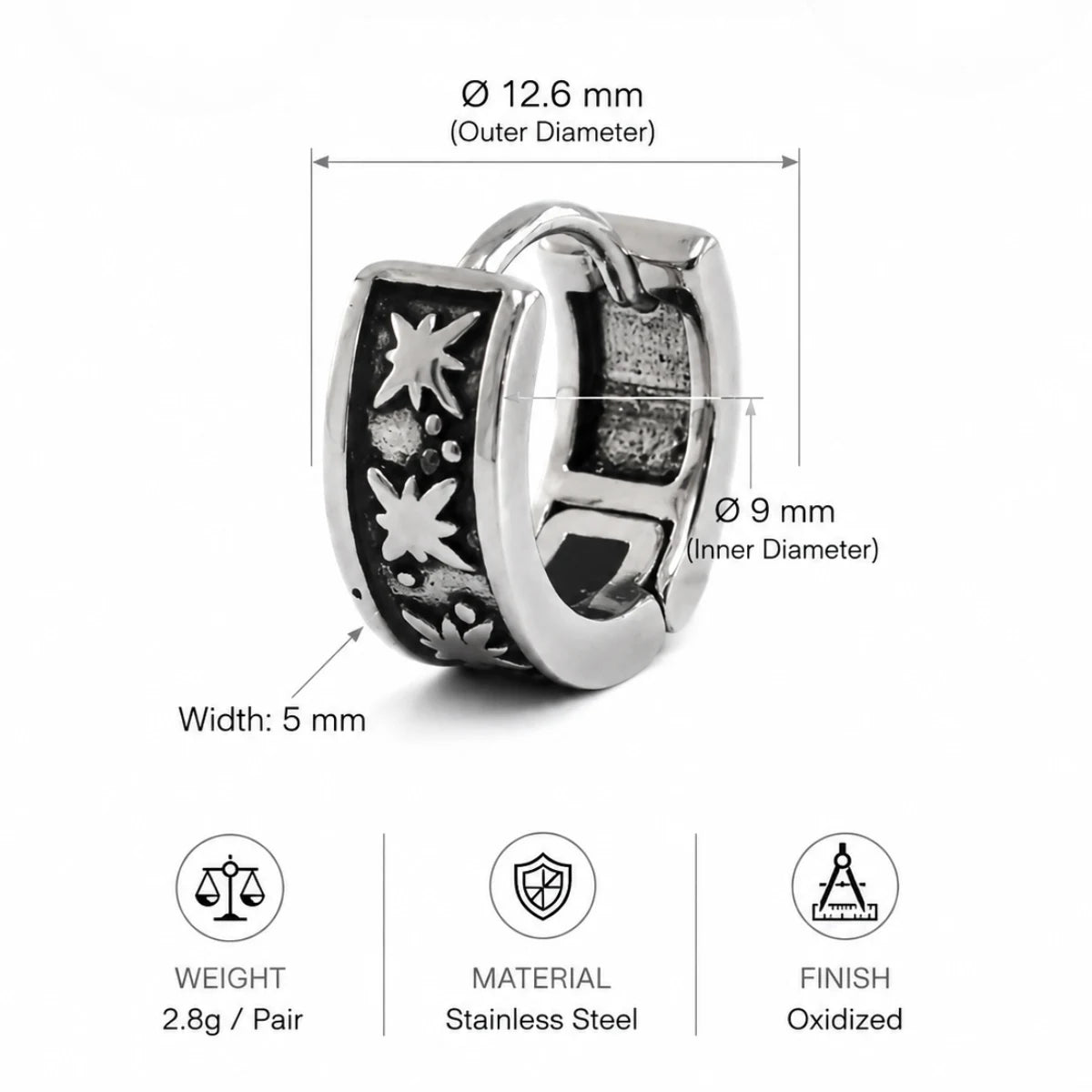 Oxidized Star Hoop Earrings Silver Dimensions and Specifications Infographic