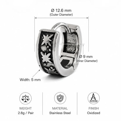 Oxidized Star Hoop Earrings Silver Dimensions and Specifications Infographic