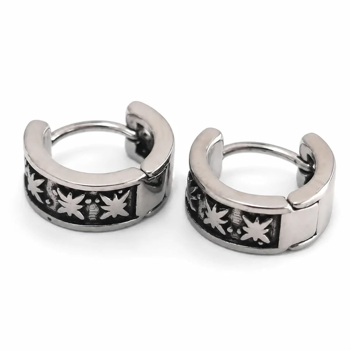 Oxidized Star Hoop Earrings Silver Pair Front View White Background