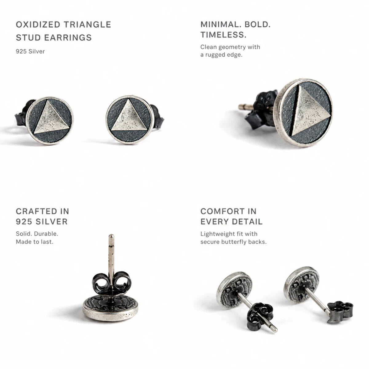 Oxidized Triangle Stud Earrings Silver Multi Angle Product Feature Showcase