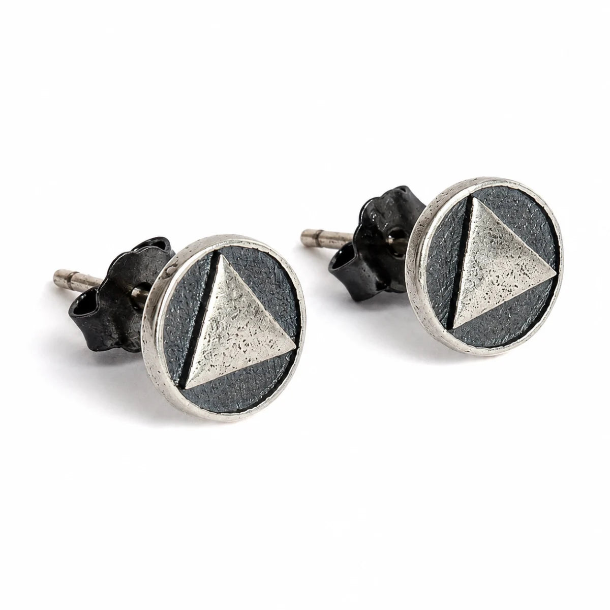 Oxidized Triangle Stud Earrings Silver Pair Front View White Background