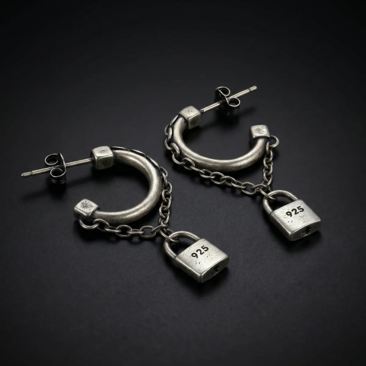 Padlock Chain Earrings Silver Close Up
