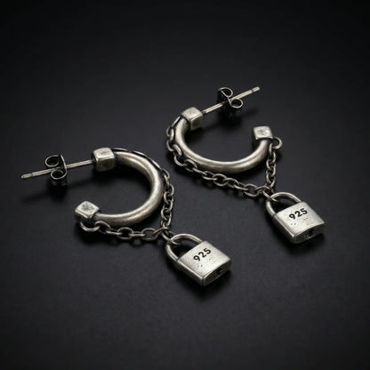 Padlock Chain Earrings Silver Close Up