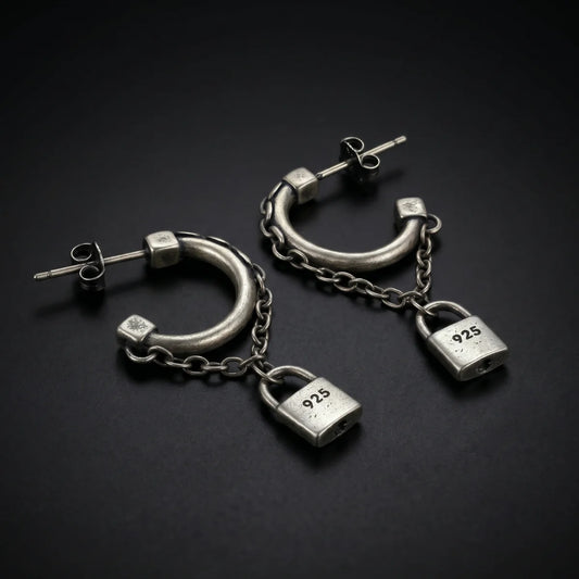 Padlock Chain Earrings Silver Close Up