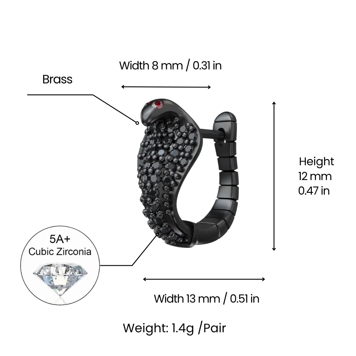 Pave diamond cobra earrings dimensions and weight