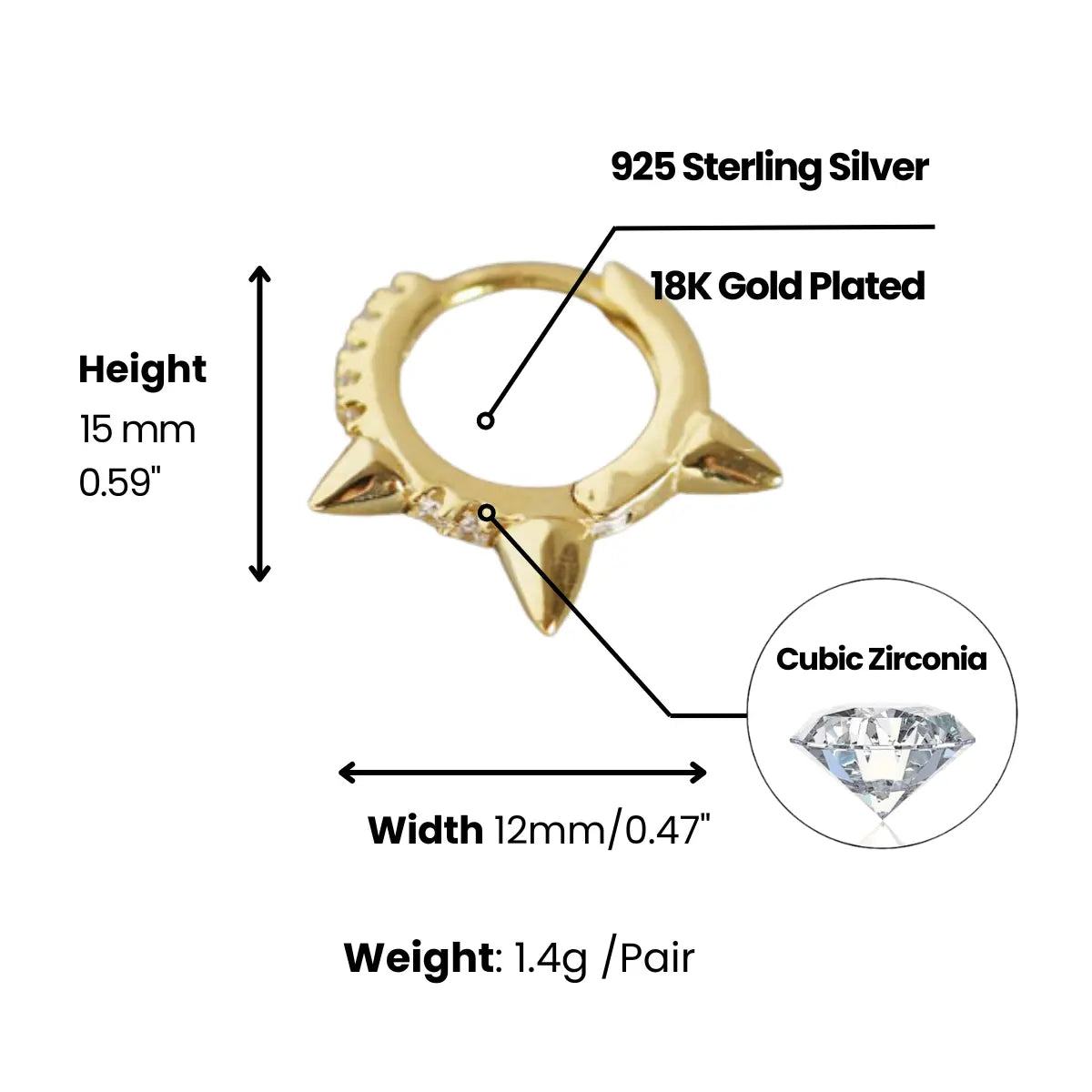 Pave Diamond Mini Spike Hoop Earrings Dimensions and Weight