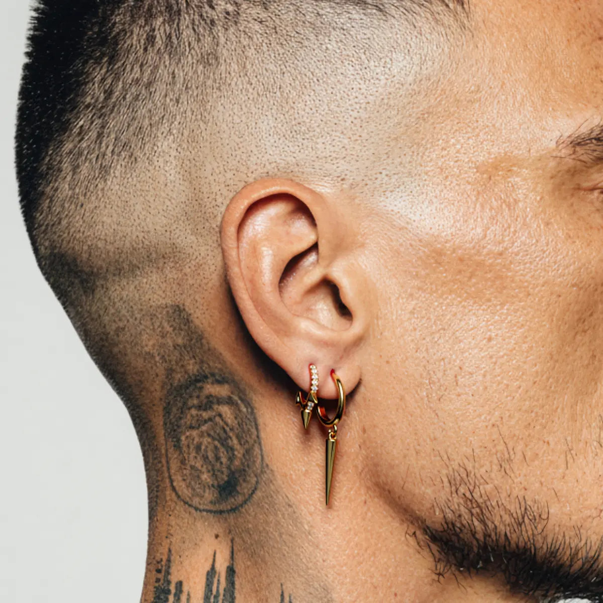 Pave Diamond Mini Spike Hoop Earrings Gold Worn by Male Model