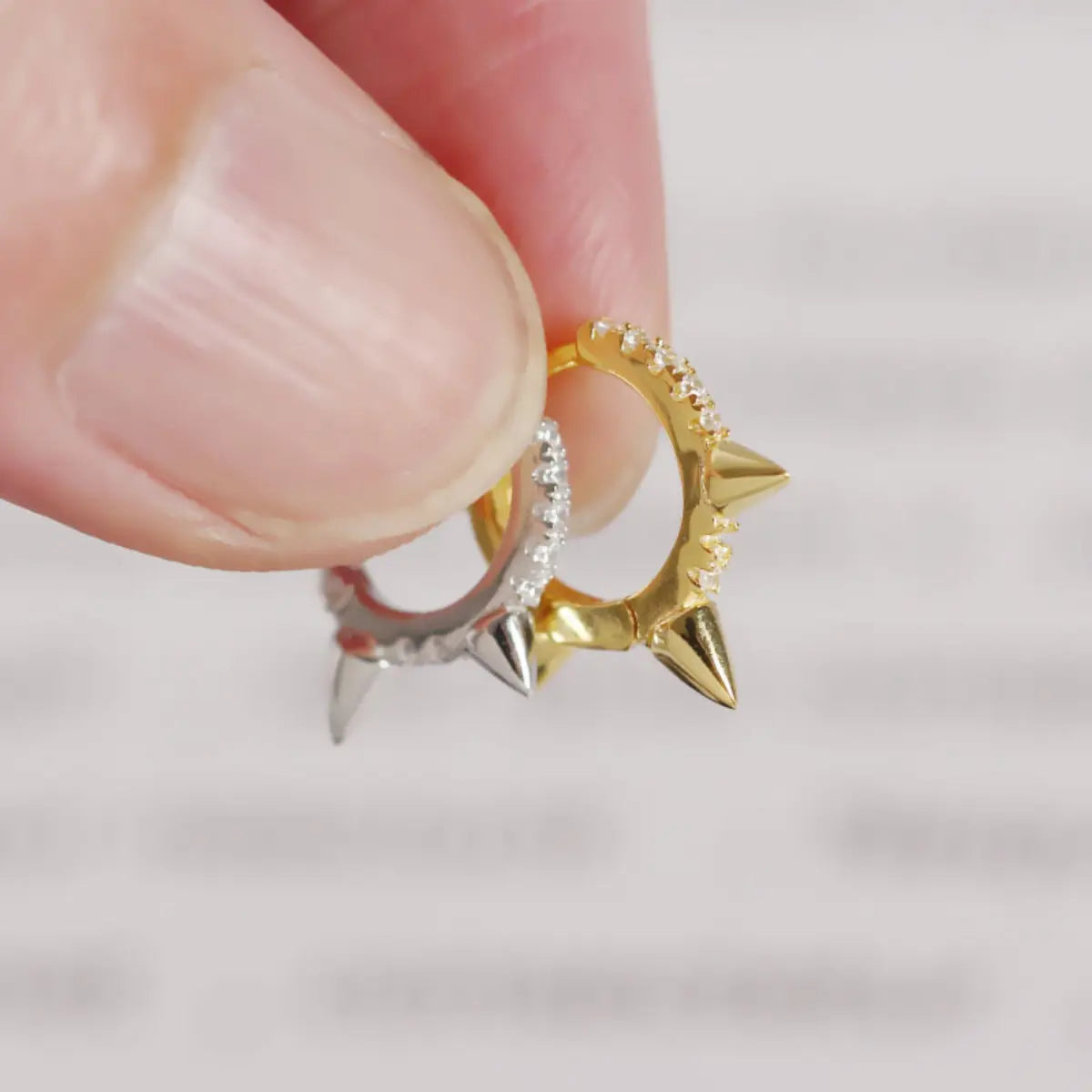 Pave Diamond Mini Spike Hoop Earrings Gold and White Gold Close Up