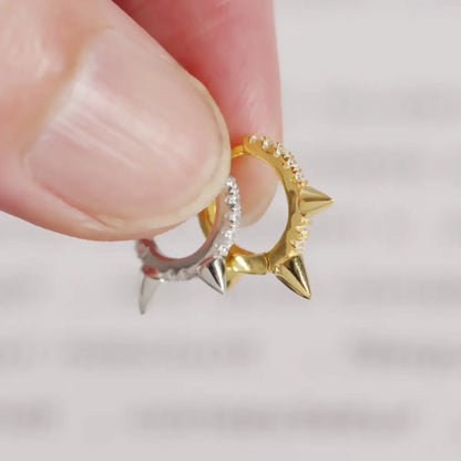 Pave Diamond Mini Spike Hoop Earrings Gold and White Gold Close Up