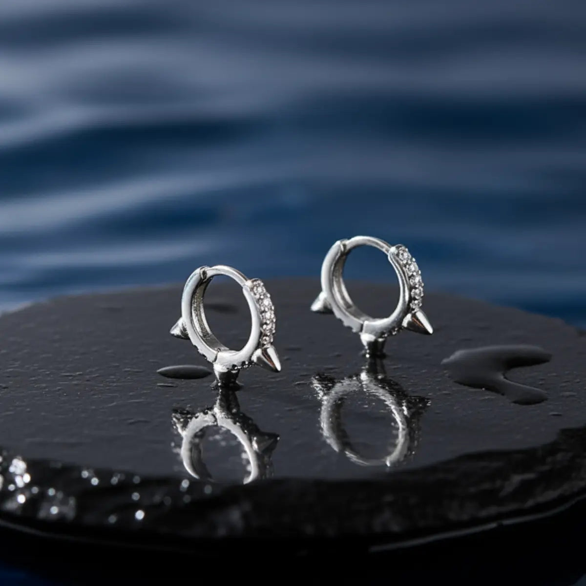 Pave Diamond Mini Spike Hoop Earrings White Gold