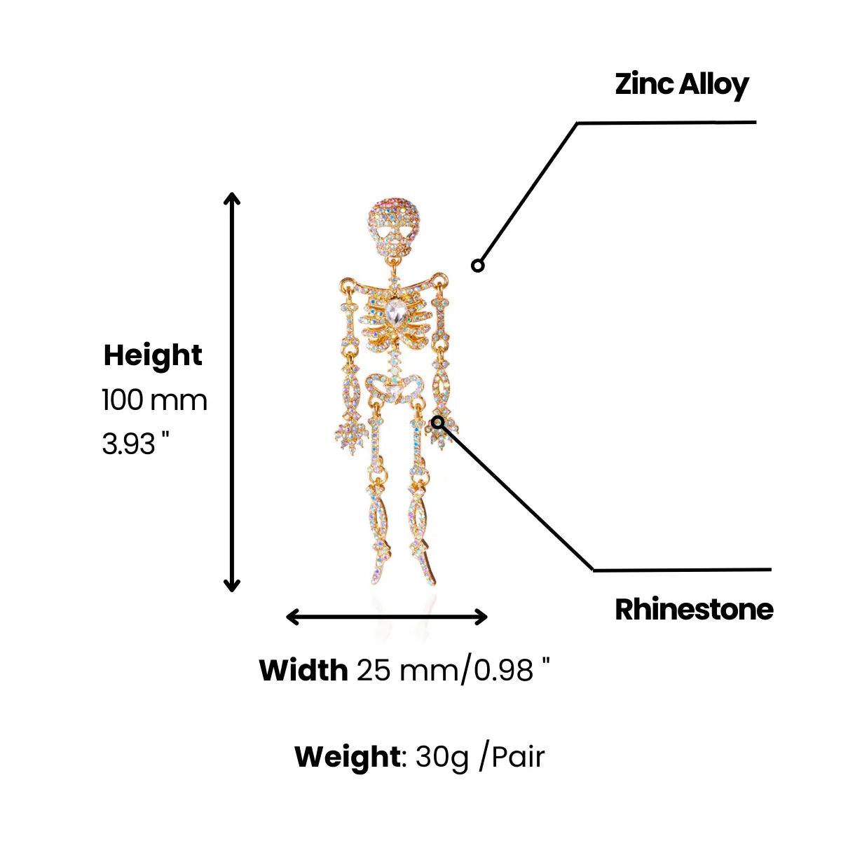 Pave Skeleton Halloween Earrings Dimensions and Weight