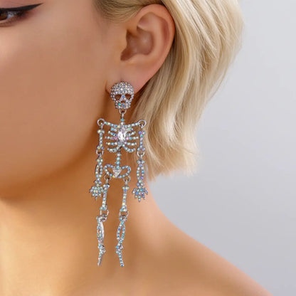 Pave Skeleton Halloween Earrings Silver Worn by Female Model