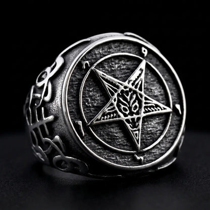 Pentagram Baphomet Ring Silver Close Up