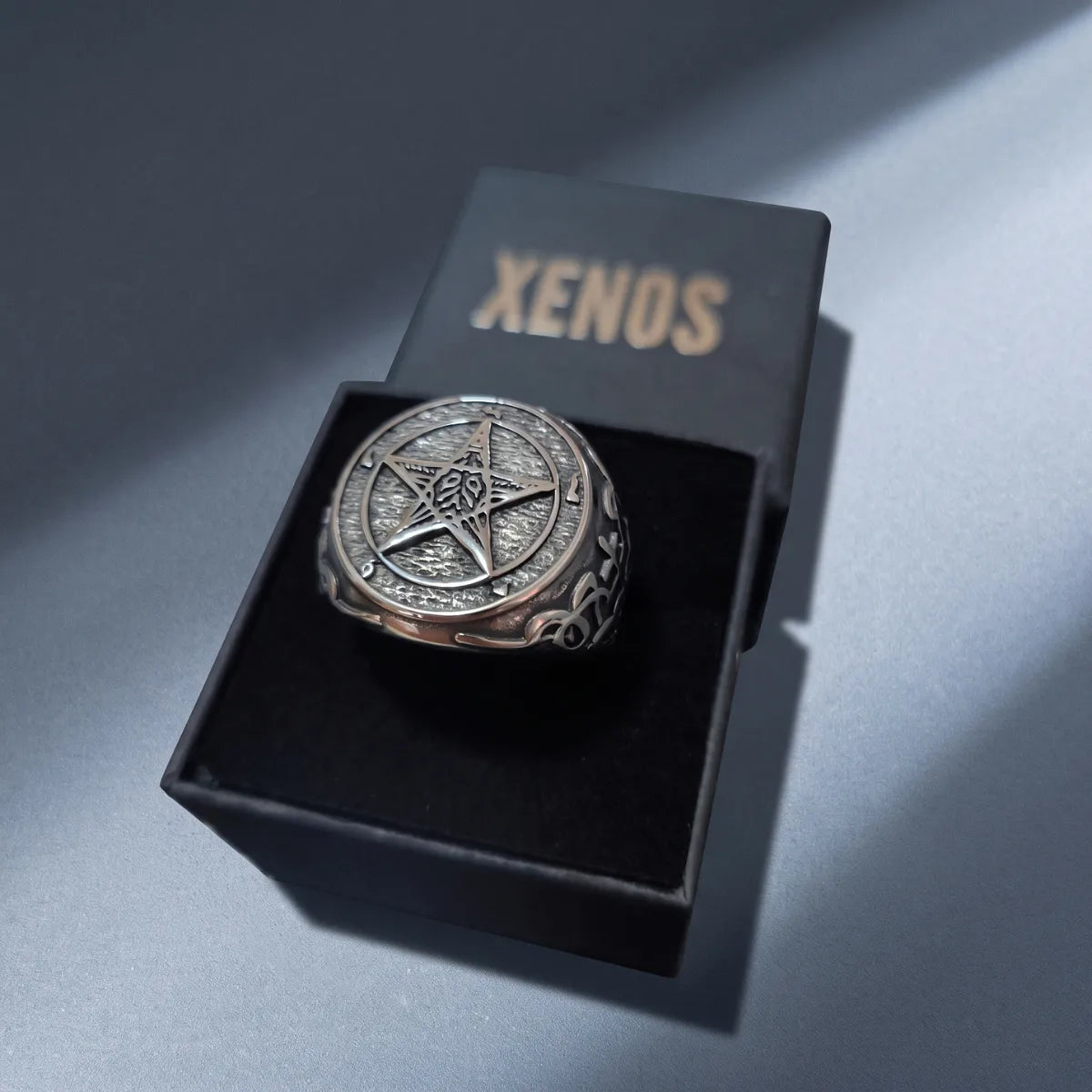 Pentagram Baphomet Ring Silver Inside a Xenos Jewelry Box