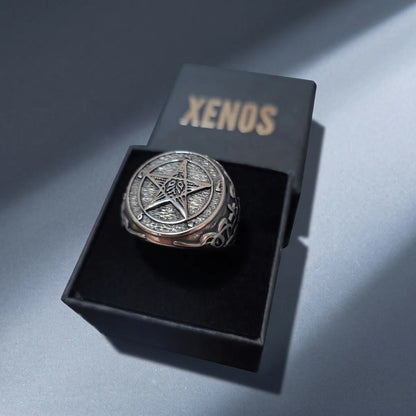 Pentagram Baphomet Ring Silver Inside a Xenos Jewelry Box