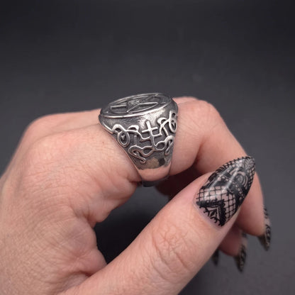 Pentagram Baphomet Ring Silver Worn by Female Model Side View