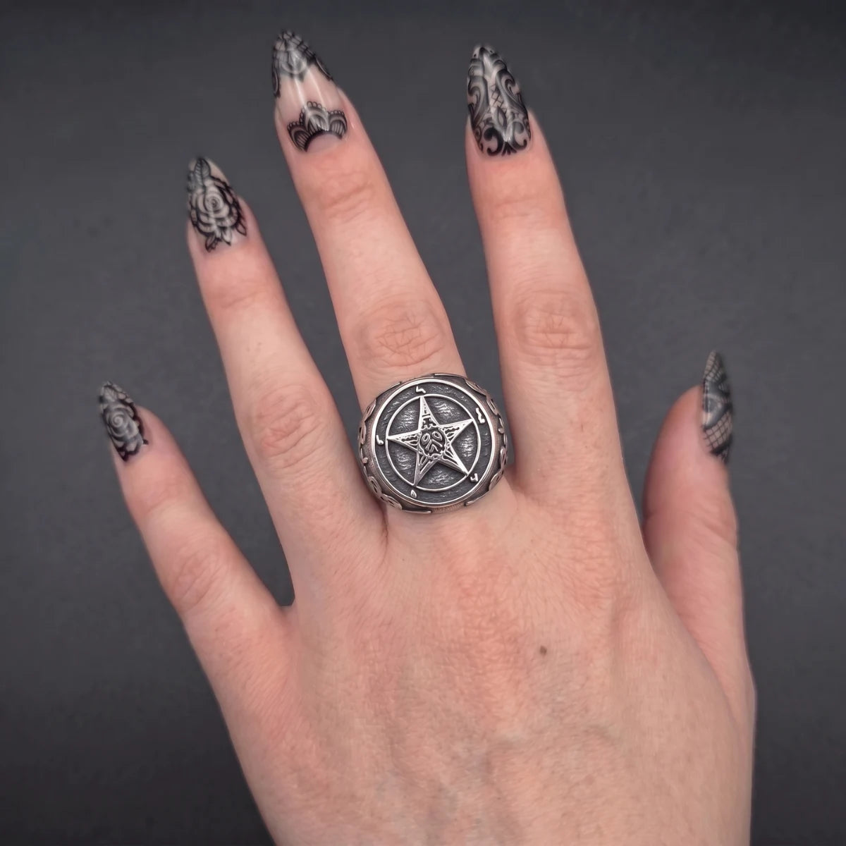 Pentagram Baphomet Ring Silver Worn by Female Model