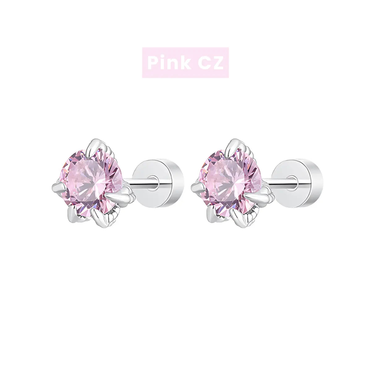 Pink CZ Diamond Claw Stud Earrings Stainless Steel