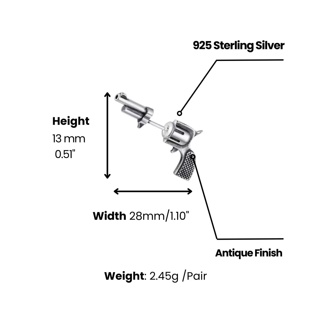 Pistol Stud Earrings Silver Dimensions And Weight