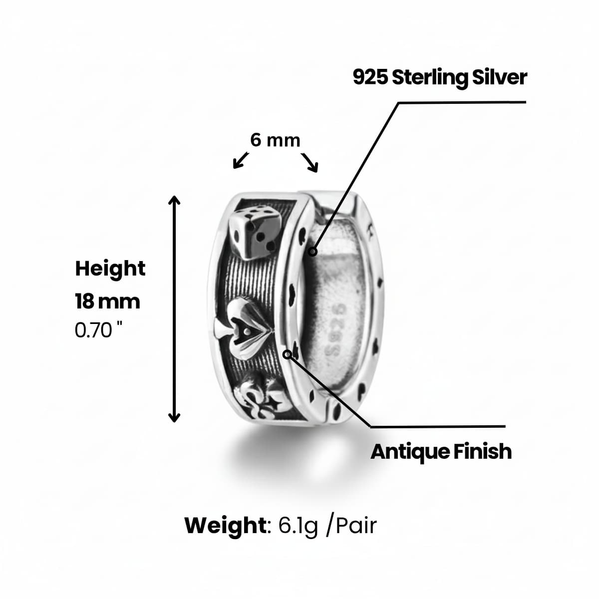 Poker Card Ace of Spades Skull Hoop Earrings Dimensions and Weight