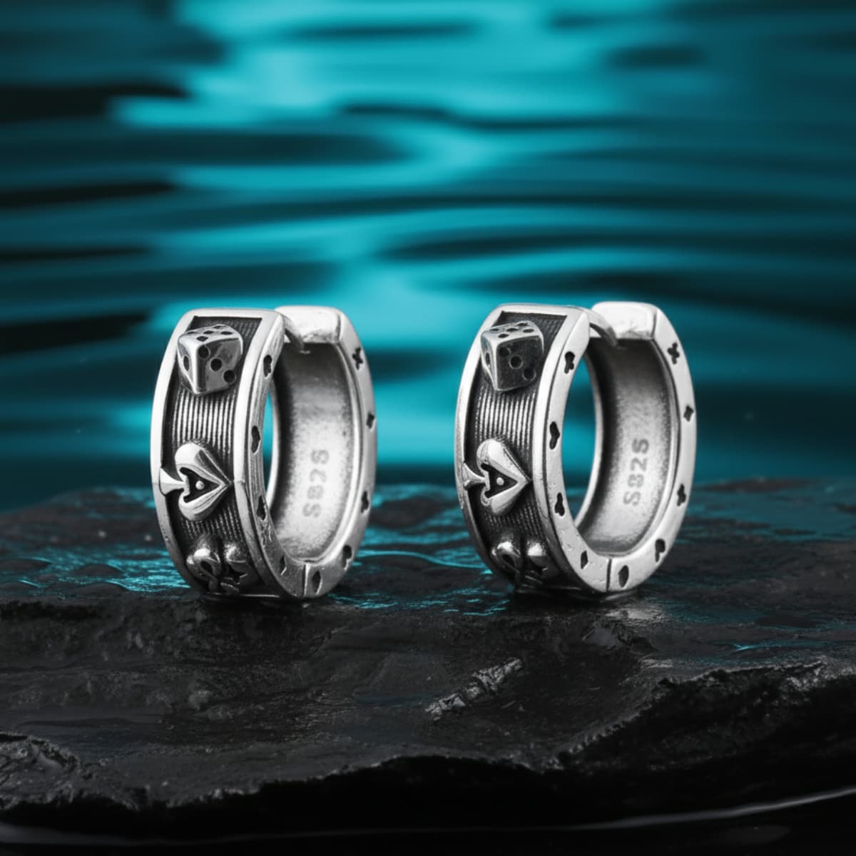 Poker Card Ace of Spades Skull Hoop Earrings