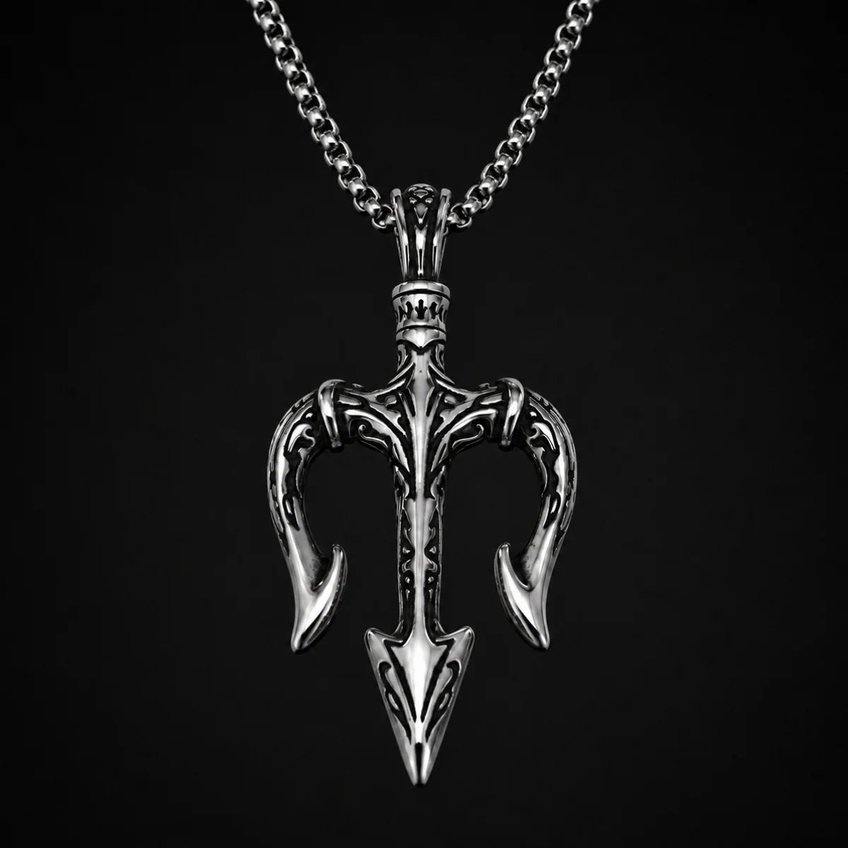 Poseidon Trident Pendant Necklace Silver Close Up Black Background