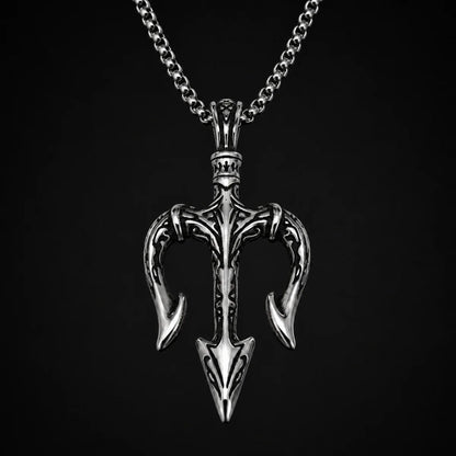 Poseidon Trident Pendant Necklace Silver Close Up Black Background