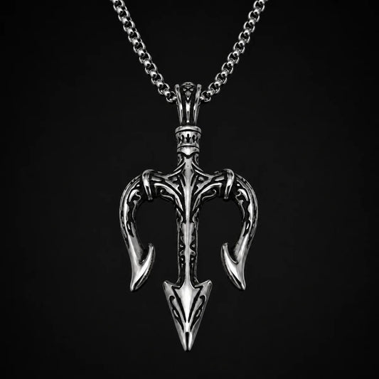 Poseidon Trident Pendant Necklace Silver Close Up Black Background