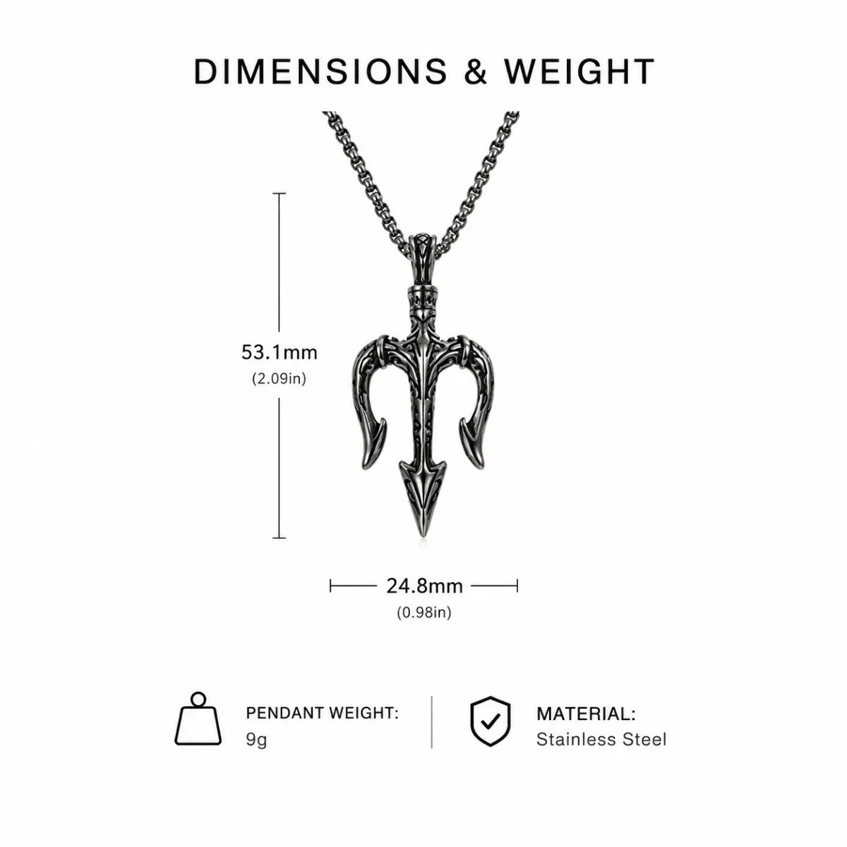 Poseidon Trident Pendant Necklace Silver Dimension Diagram 62.2mm 2.45inch and 31.8mm 1.25inch