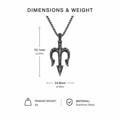 Poseidon Trident Pendant Necklace Silver Dimension Diagram 62.2mm 2.45inch and 31.8mm 1.25inch