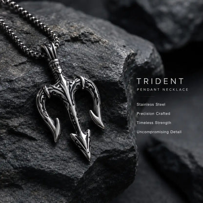 Poseidon Trident Pendant Necklace Silver Displayed on Stone Surface