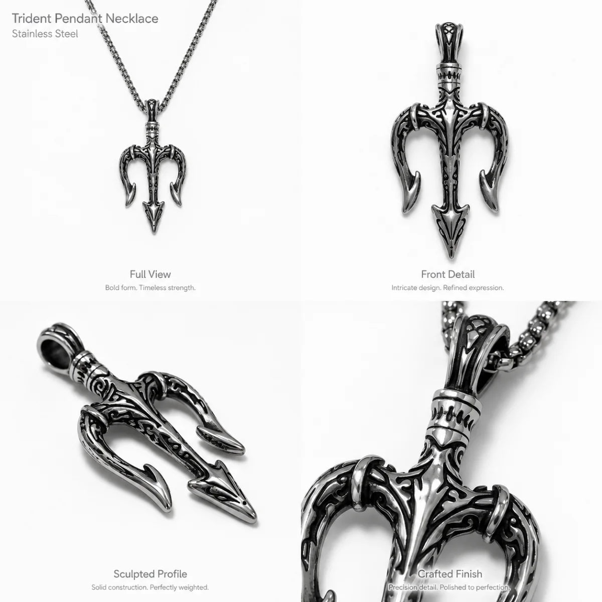 Poseidon Trident Pendant Necklace Silver Multi Angle Product Feature Showcase