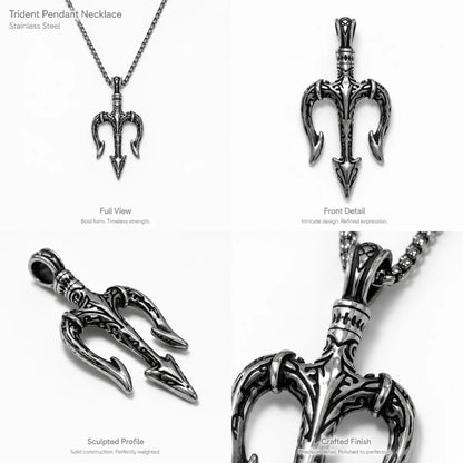 Poseidon Trident Pendant Necklace Silver Multi Angle Product Feature Showcase