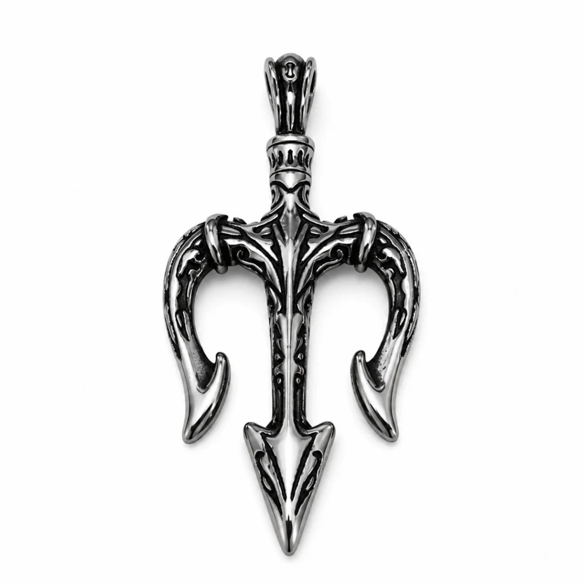 Poseidon Trident Pendant Necklace Silver Pendant Only Front View White Background