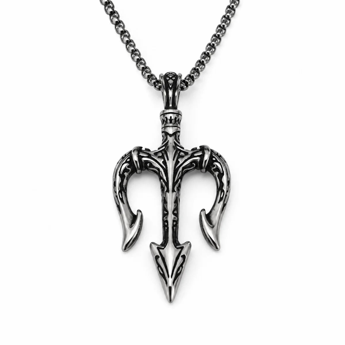 Poseidon Trident Pendant Necklace Silver Pendant with Chain Front View White Background