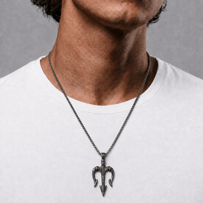 Poseidon Trident Pendant Necklace Silver Worn by Male Model Chest View