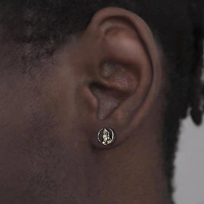 Praying Hands Earrings Gold Worn by Male Model Close Up
