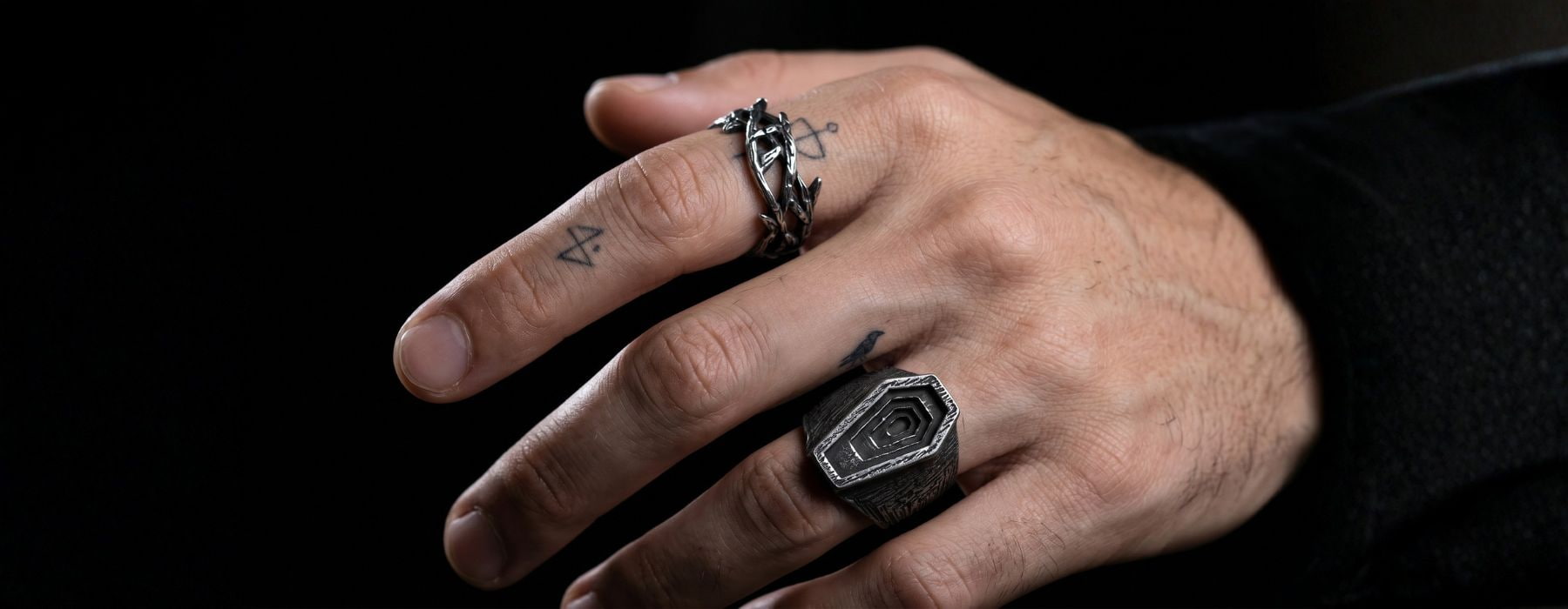 Premium Stainless Steel Coffin Ring and Thorns Band on Tattooed Hands | Dark Luxury Men's Jewelry